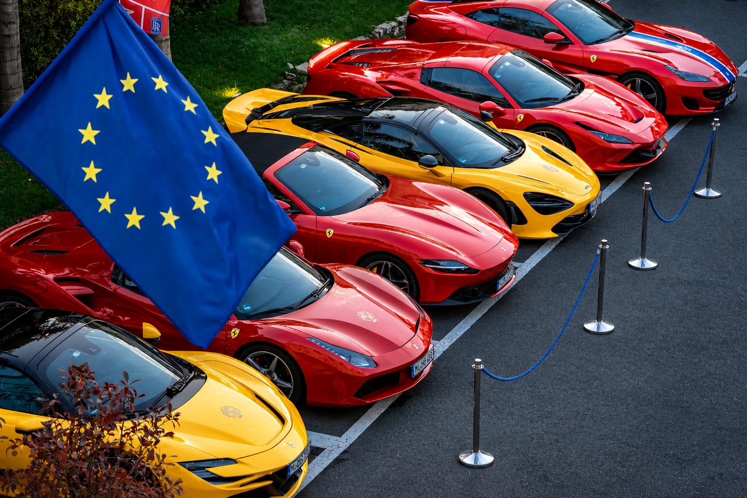 Supercars at the Milan start with EU flag
